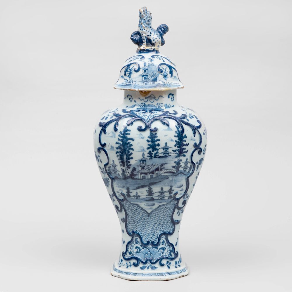 Appraisal: Blue and White Dutch Delft Vase and Cover in high