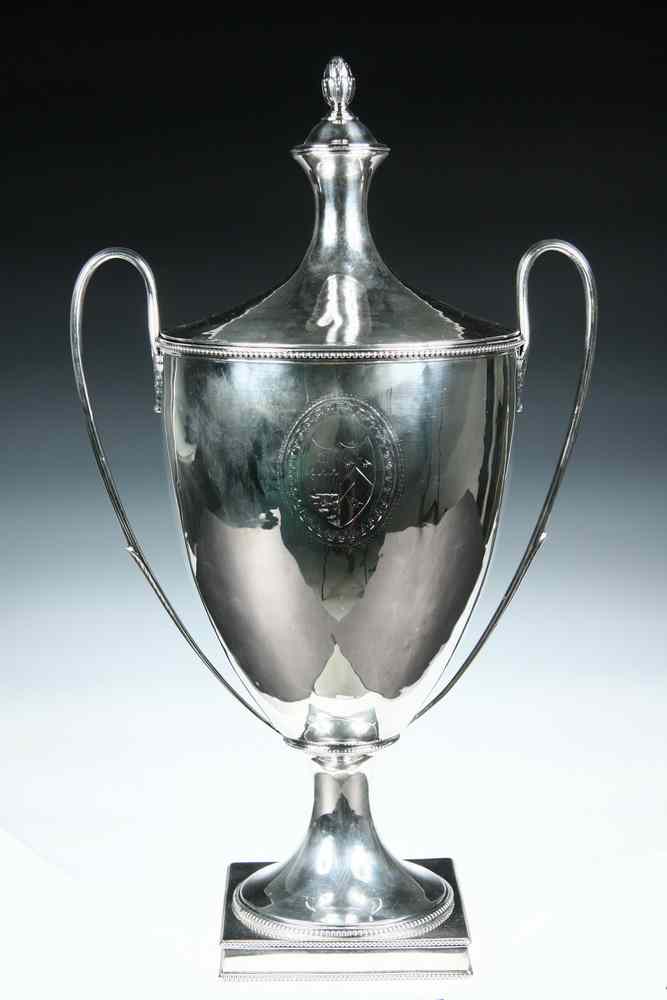 Appraisal: MONUMENTAL SILVER URN - London hand hammered covered urn with