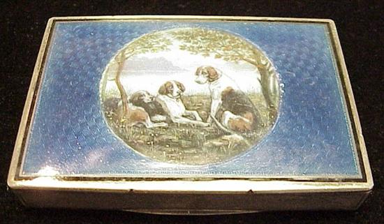 Appraisal: th C rectangular silver hinged box blue enamel lid with