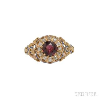 Appraisal: Antique Gold Garnet and Diamond Ring the circular-cut garnet framed