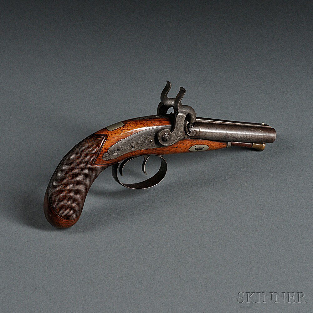 Appraisal: Conway Double-barrel Percussion Pistol c mid- th century checkered walnut