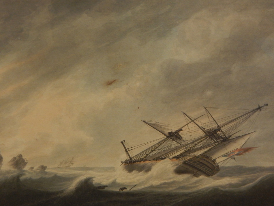 Appraisal: Samuel Atkins c - Masted ships in stormy coastal scenes