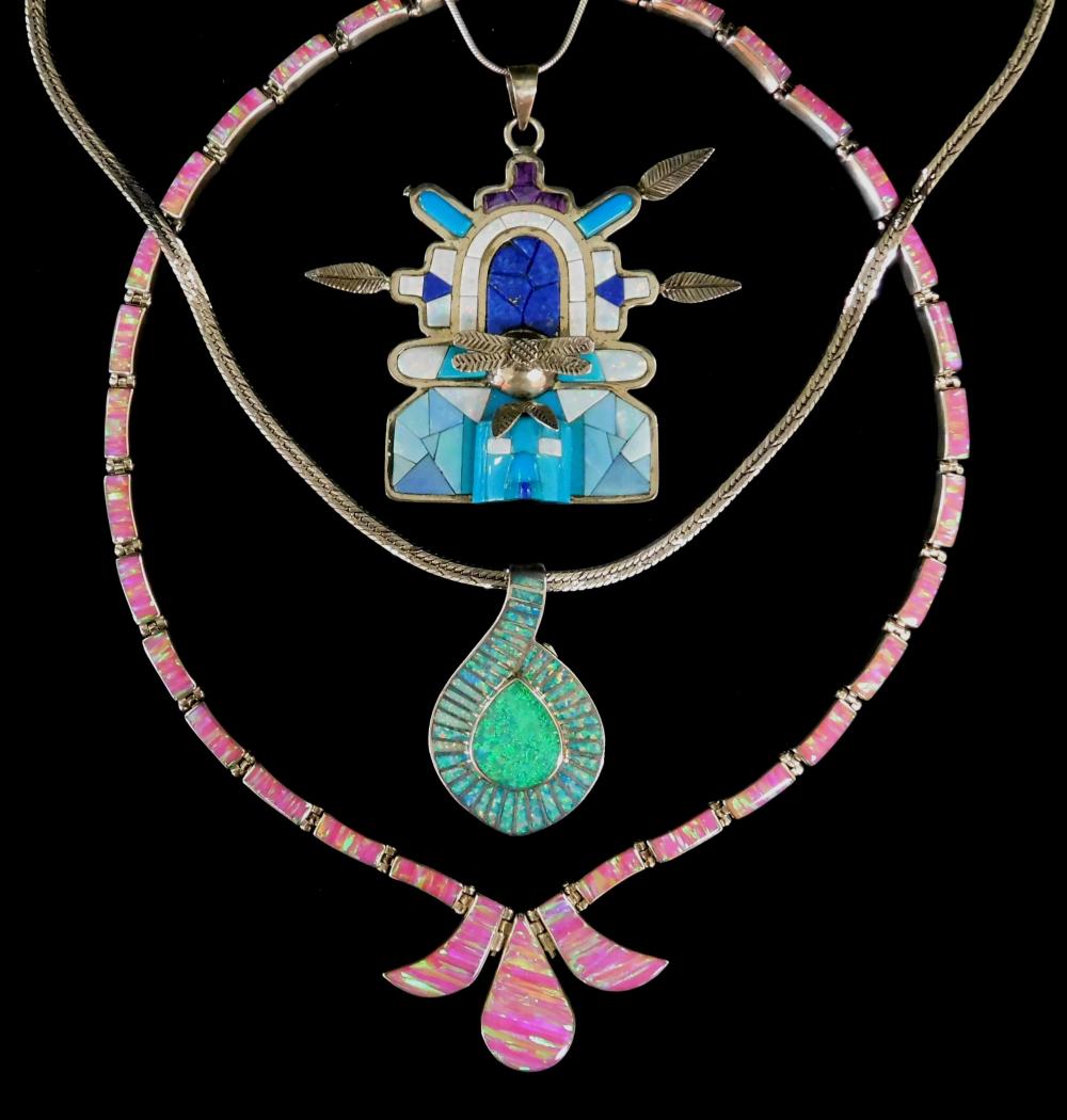 Appraisal: JEWELRY THREE SILVER PIECES WITH OPAL AND SYNTHETIC OPAL INCLUDING