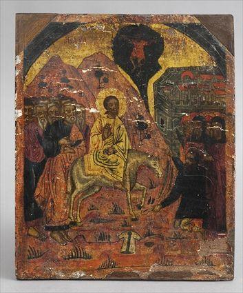 Appraisal: RUSSIAN PAINTED WOOD ICON Depicting Christ on a donkey with