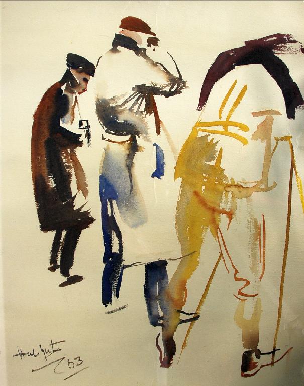 Appraisal: HAL YATES Northern School WATERCOLOUR DRAWING SKETCH Three photographers at