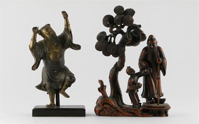 Appraisal: A Chinese hardwood carving of Shoulao standing beneath a pine