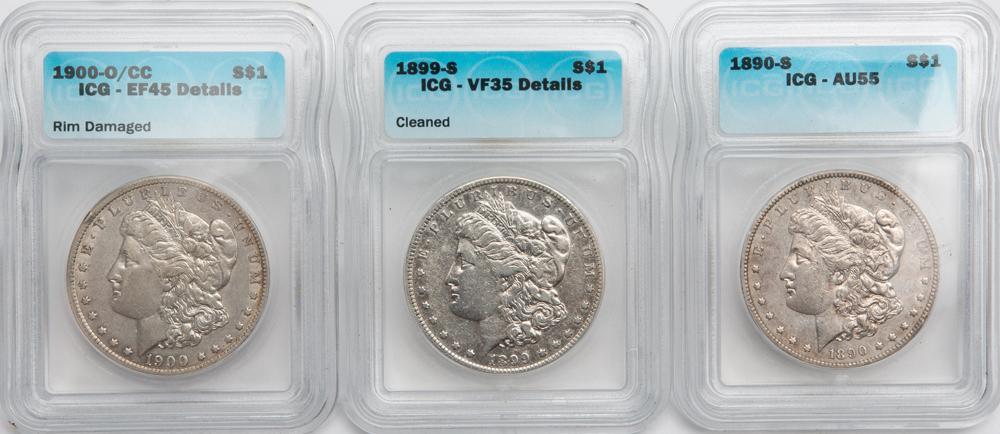 Appraisal: ICG GRADED MORGANS -O CC -S AND -S Three Morgan