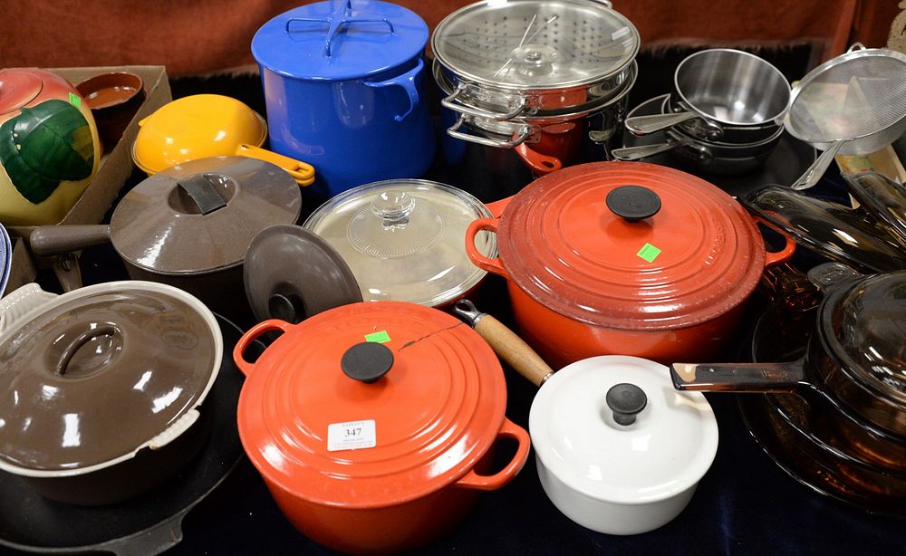 Appraisal: Large group of kitchen cooking pots and pans cousances enameled