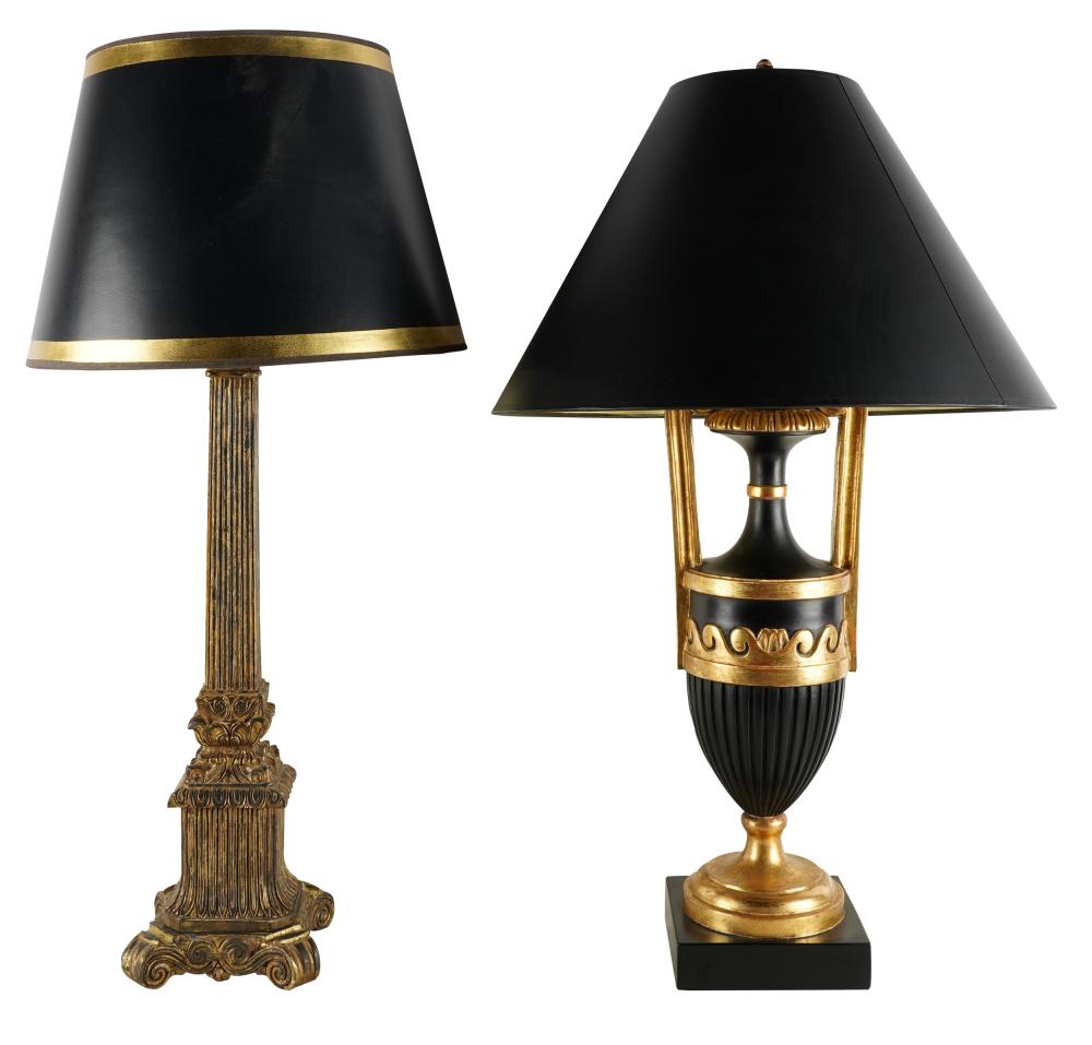 Appraisal: TWO CARVED WOOD TABLE LAMPScomprising a gilt columnar lamp inches