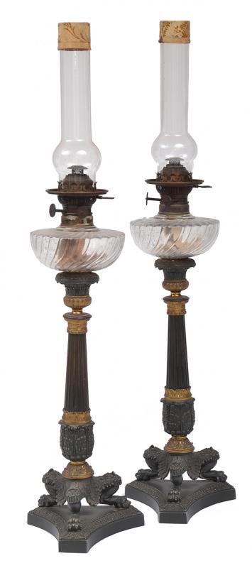 Appraisal: A PAIR OF FRENCH BRONZE AND ORMOLU BANQUET LAMPS TH