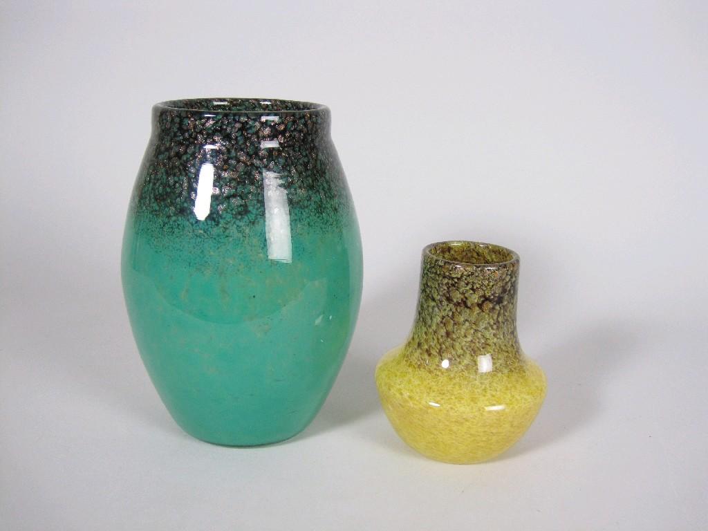 Appraisal: Two Monart glass Vases in green and yellow with gold