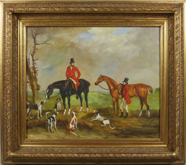 Appraisal: Hunt scene featuring two men in hunting attire with their