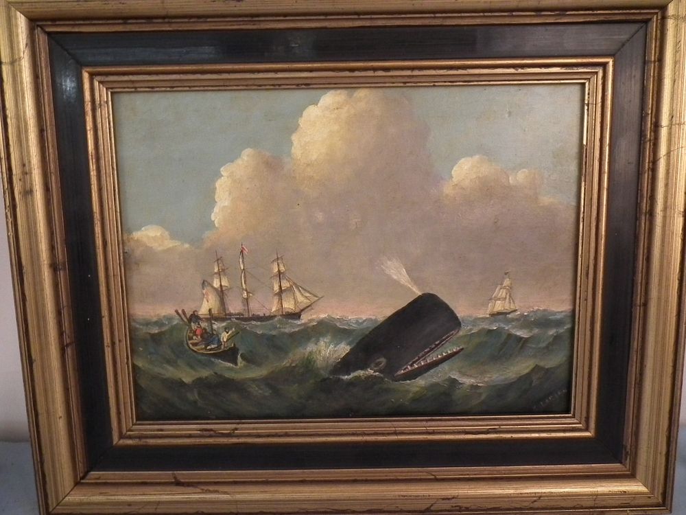 Appraisal: K LARSEN WHALING PAINTING Old oil on wood panel of