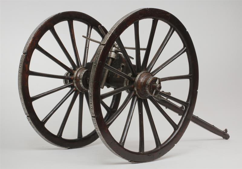 Appraisal: French Wood and Steel-Mounted Model of a Two Wheel Gun