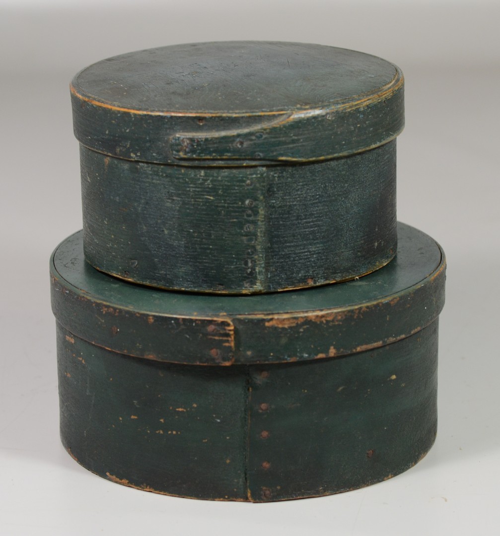 Appraisal: Round pantry boxes original blue green paint smaller - dia