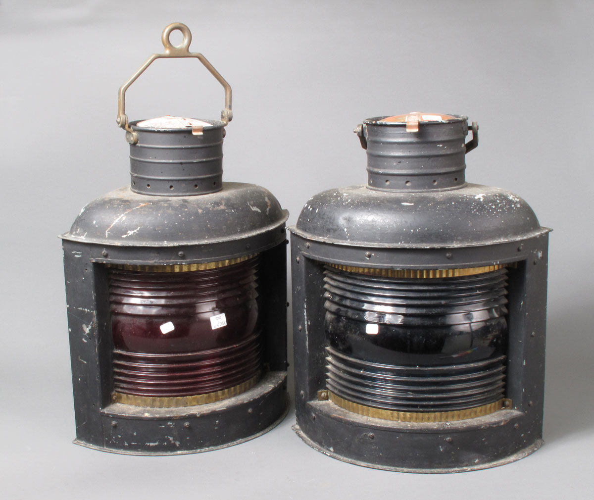 Appraisal: PAIR OF BLACK PAINTED SHIP'S RUNNING LIGHTS WITH ORIGINAL COLORED