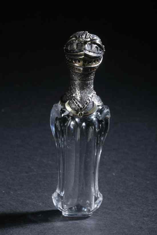 Appraisal: VICTORIAN SILVER PLATED-MOUNTED CRYSTAL PERFUME BOTTLE th century The cover