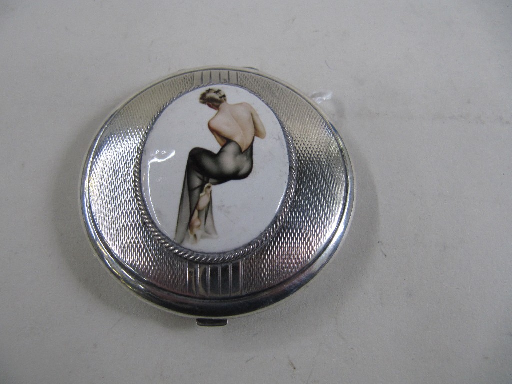 Appraisal: Art Deco silver compact with enamel plaque showing a lady