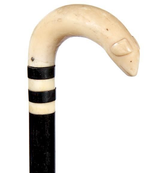 Appraisal: Walrus Nautical Cane Ca - A carved stylized animal horn