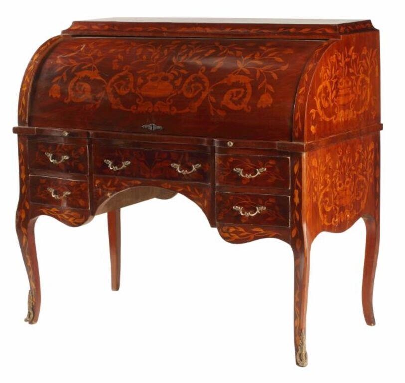 Appraisal: Dutch style marquetry cylinder desk approx h w d