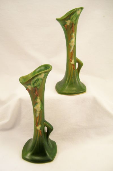 Appraisal: Pair Roseville Snowberry Bud Vases - V- green matte glaze