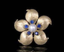 Appraisal: Ladies' Sapphire and Pearl Broach Flower-shaped k yellow gold broach