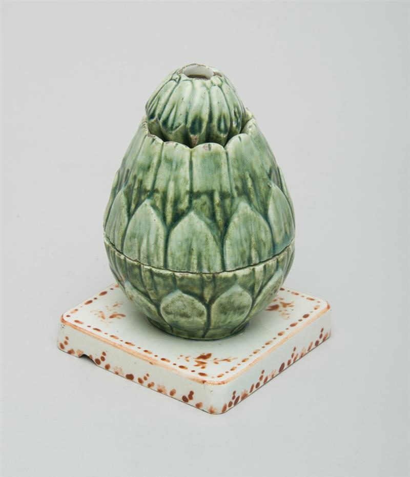 Appraisal: FRENCH FAIENCE ARTICHOKE-FORM THREE-PART ENCIER The pierced lidded top above