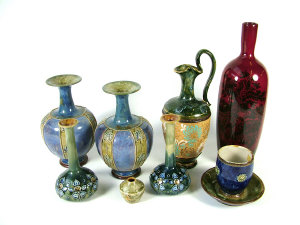 Appraisal: Eight pieces of Royal Doulton pottery comprising red flambe bottle