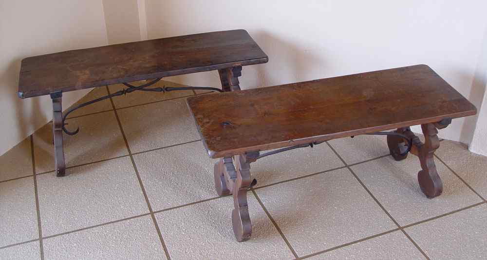 Appraisal: PAIR OF CUSTOM SPANISH STYLE BENCHES WITH IRON SUPPORTS Plank