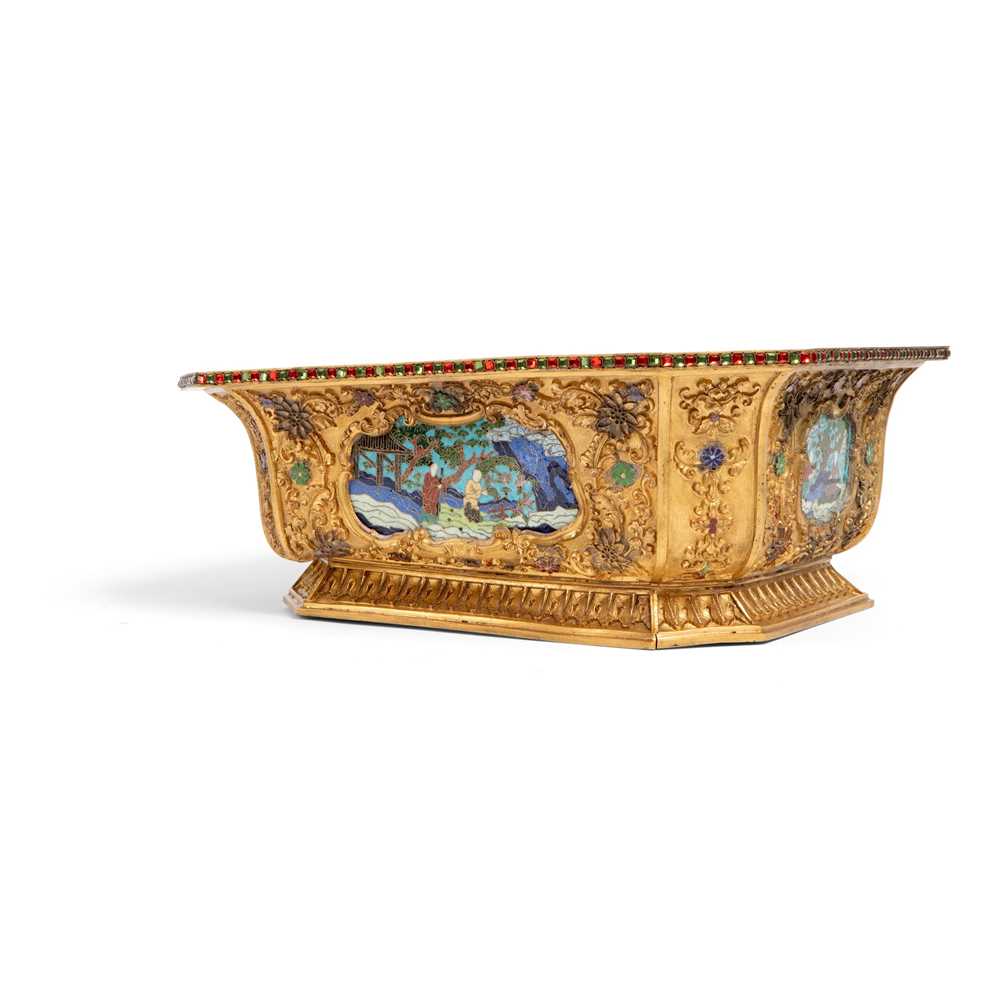 Appraisal: GILT BRONZE INLAID WITH CLOISONN ENAMEL PANEL RECTANGULAR JARDINIERE supported