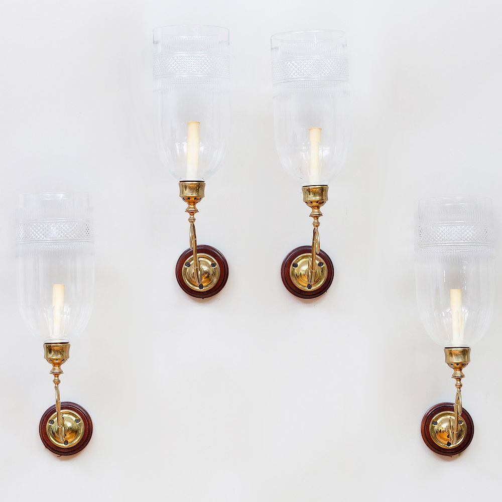 Appraisal: Set of Four Brass and Mahogany Single-Light Sconces Each fitted