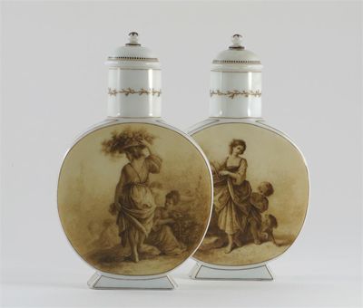 Appraisal: A pair of glass moonflasks and covers painted in sepia