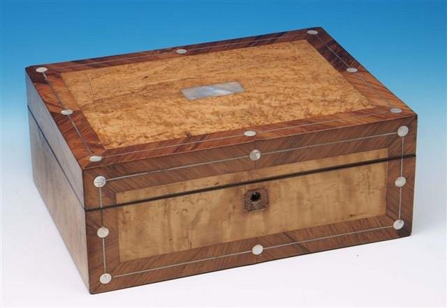 Appraisal: A Victorian satin birch workbox with rosewood crossbanded top inset