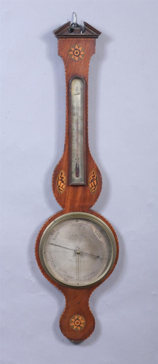 Appraisal: ENGLISH INLAID BANJO BAROMETER th century Hourglass form with pendant