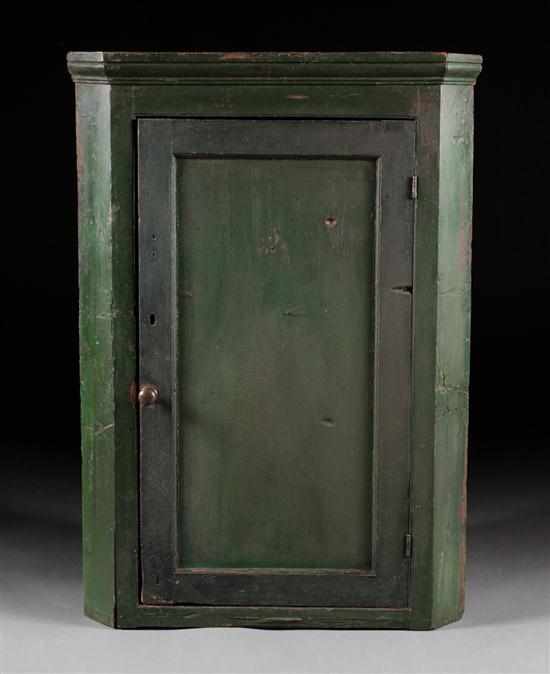 Appraisal: American vernacular painted pine hanging corner cabinet th century single