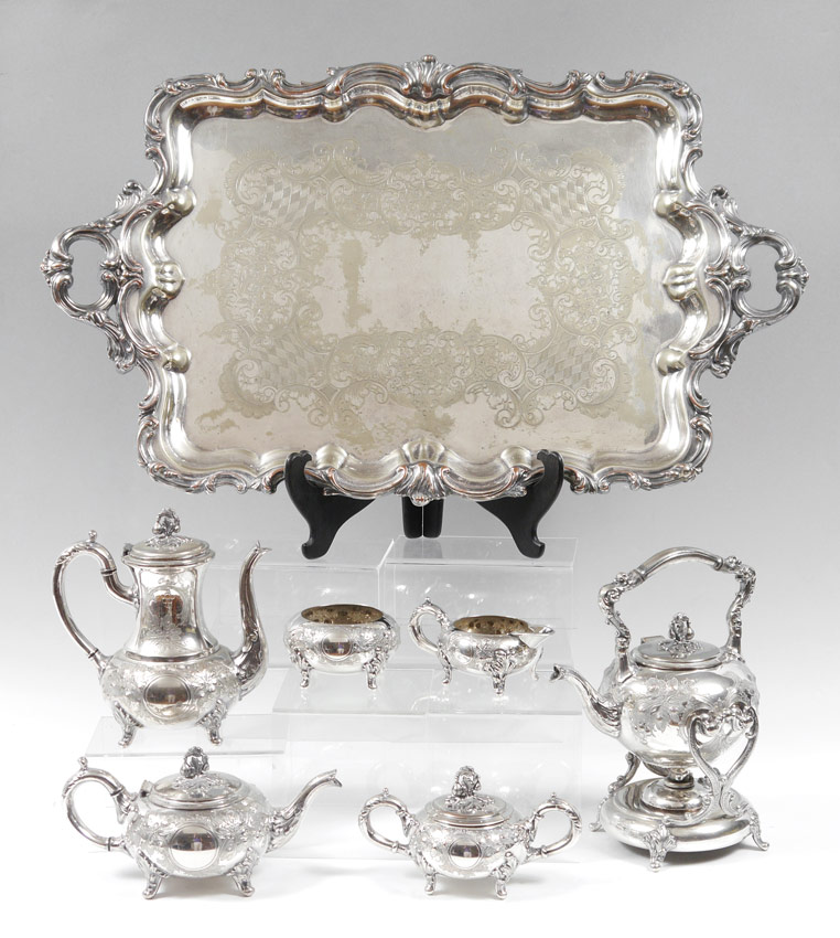 Appraisal: HAND CHASED SILVERPLATE TEA SERVICE total pieces total pieces marked