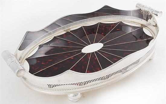 Appraisal: English faux tortoiseshell and mother-of-pearl inlaid silverplate tray oval pierced