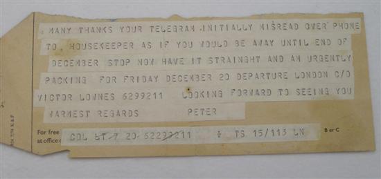 Appraisal: Attributed to Peter Lacy telegram to Francis Bacon Many thanks