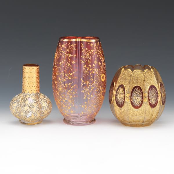 Appraisal: Three Antique Moser Glass and Gilt Vases Hand blown glass