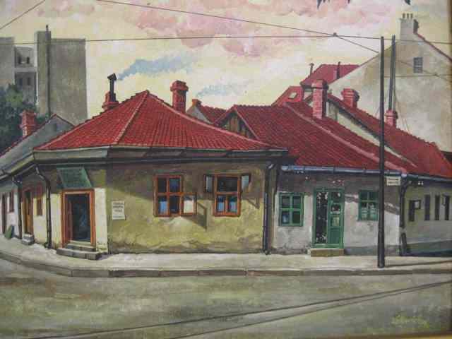 Appraisal: Velkovich Oil Cityscape signed dated on masonite image area ''