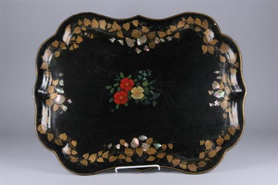 Appraisal: PAPIER M CH TRAY Black with multi-colored floral decoration -