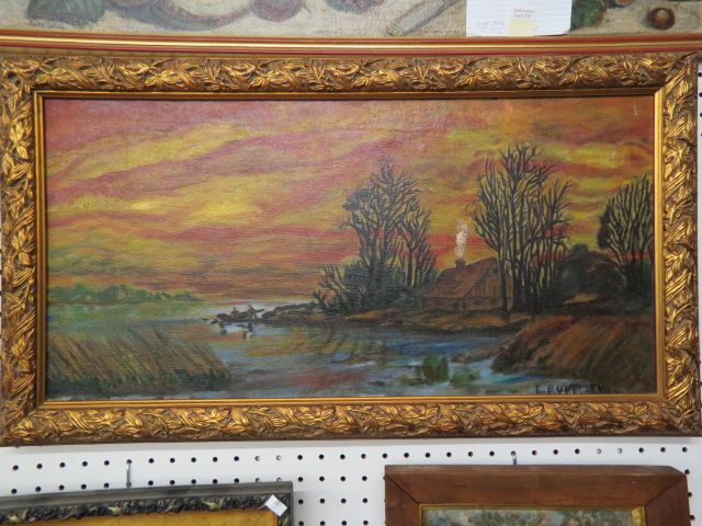 Appraisal: E B O'Kelley Oil Folk Art Stylelandscape with boaters cabin