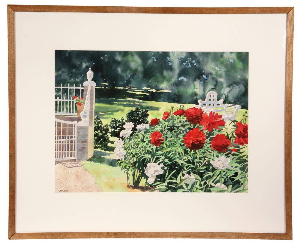 Appraisal: WATERCOLOR - Garden Scene with Begonias Bench by William Cantwell