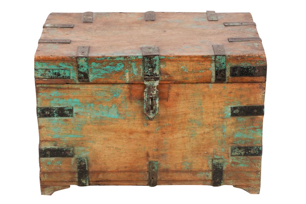 Appraisal: GREEN PAINTED IRON-BOUND WOOD TRUNKthe hinged lid opening to an