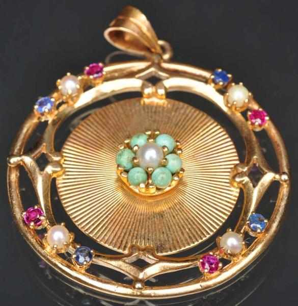 Appraisal: K Y Gold Pendant With pearls turquoise sapphires and rubies