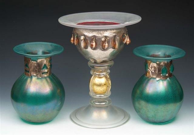 Appraisal: TWO ANTHONY STERN IRIDESCENT GREEN GLASS BALUSTER VASES with a