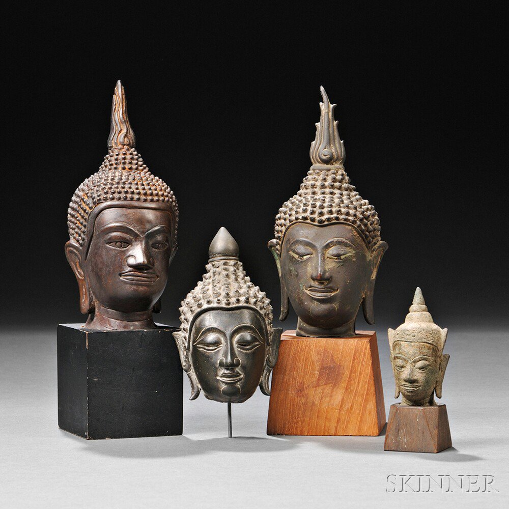 Appraisal: Four Bronze Alloy Buddha Heads Thailand U Thong-style each with