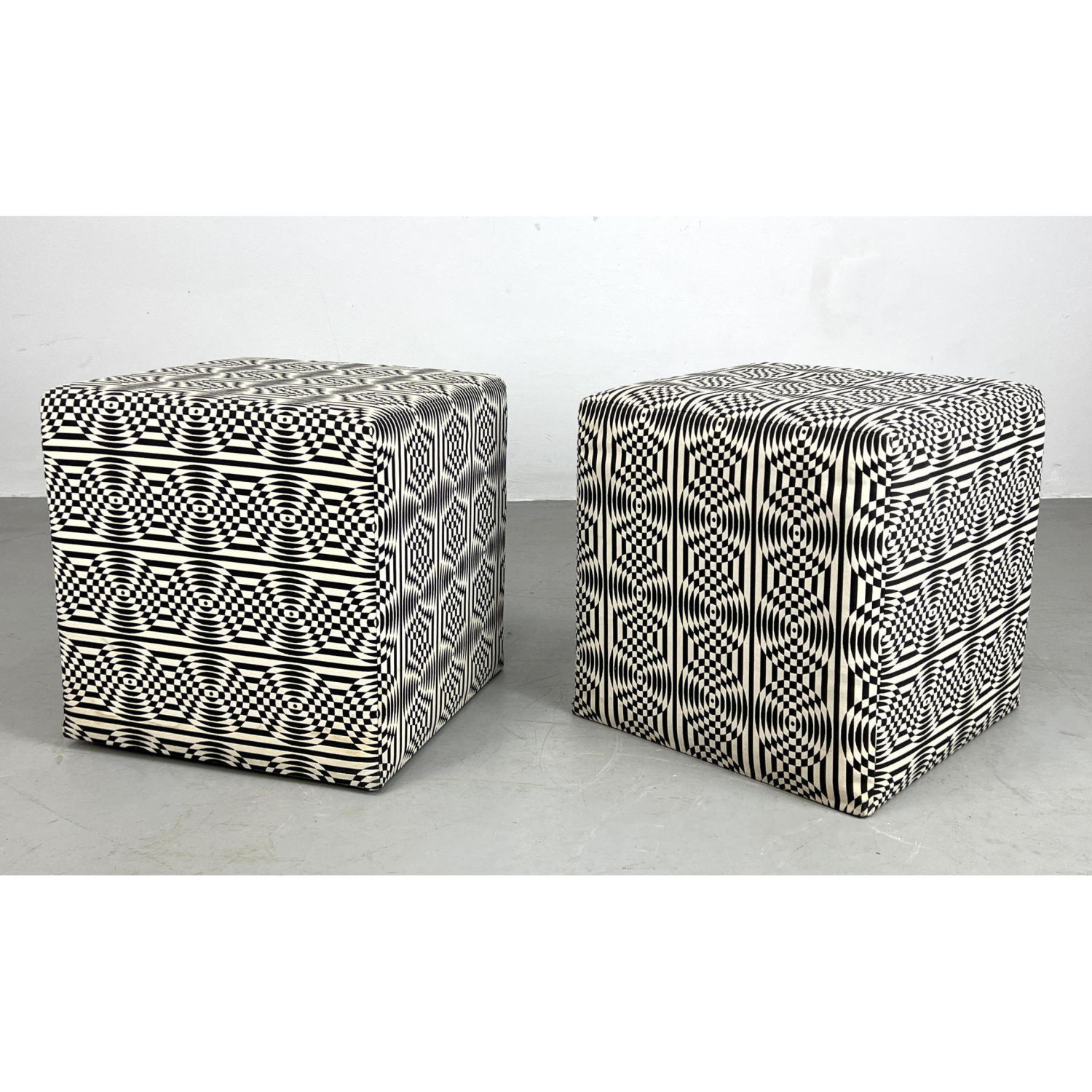 Appraisal: Pr Optik Fabric Upholstered Cube Stool Ottoman Graphic Black and