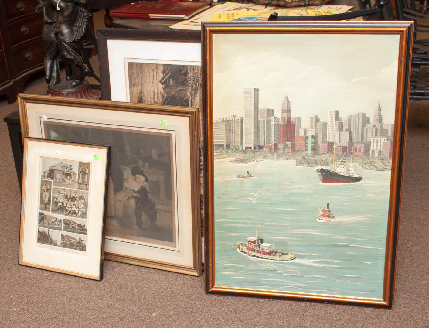 Appraisal: Four framed artworks including three framed prints and one oil