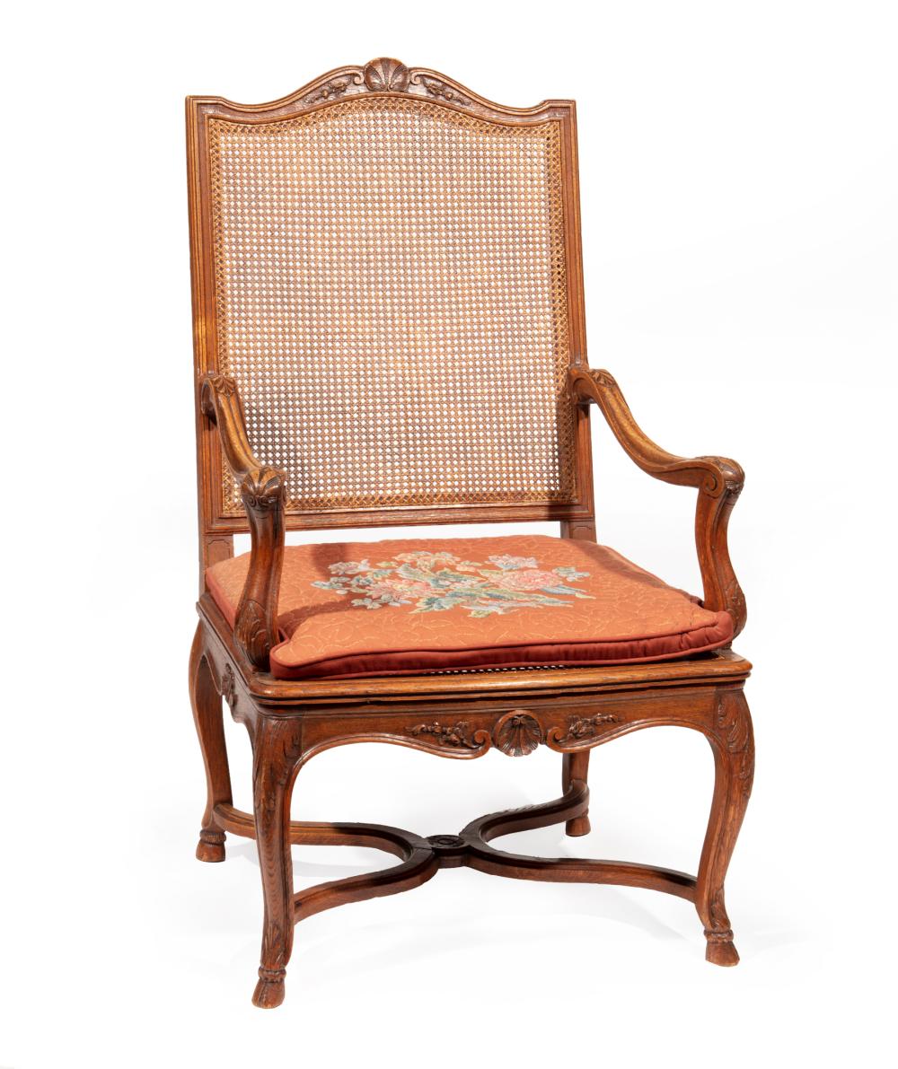 Appraisal: Provincial Louis XV-Style Carved Walnut Fauteuil a la Reine serpentine